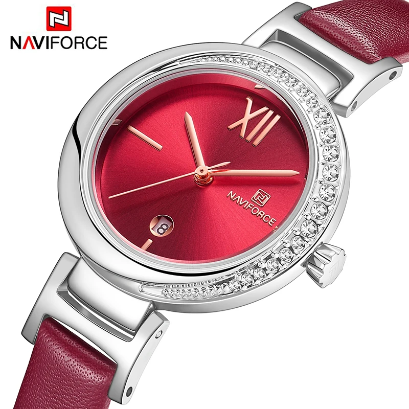 NAVIFORCE женские кварцевые часы модные повседневные кожаные Роскошные кристаллы