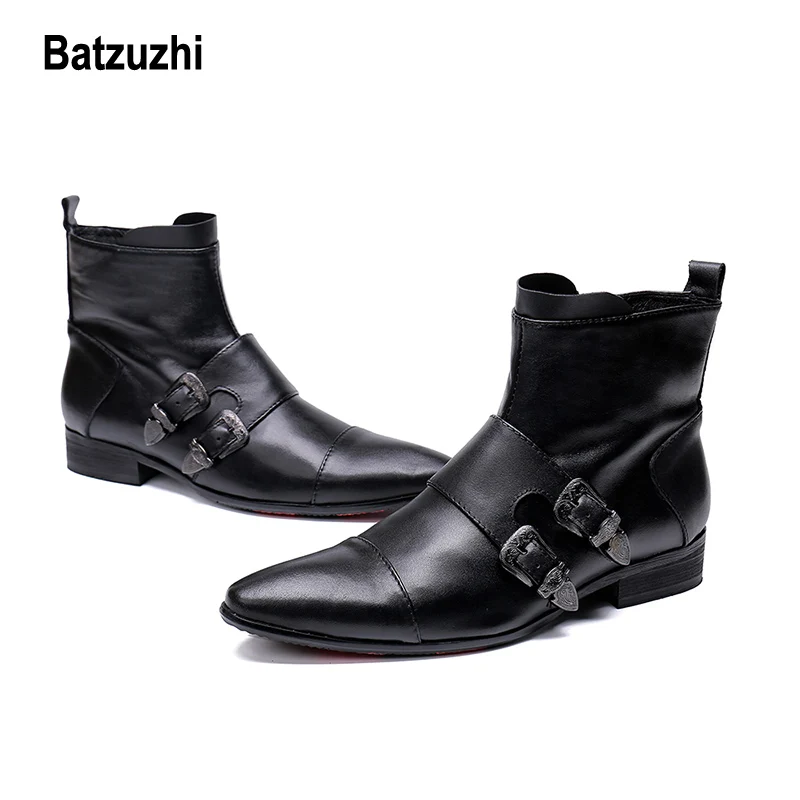 Batzuzhi Fashion Men Shoes Boots Pointed Soft Genuine Leather Buckles Motorcycle Knight Work for Big US12 |