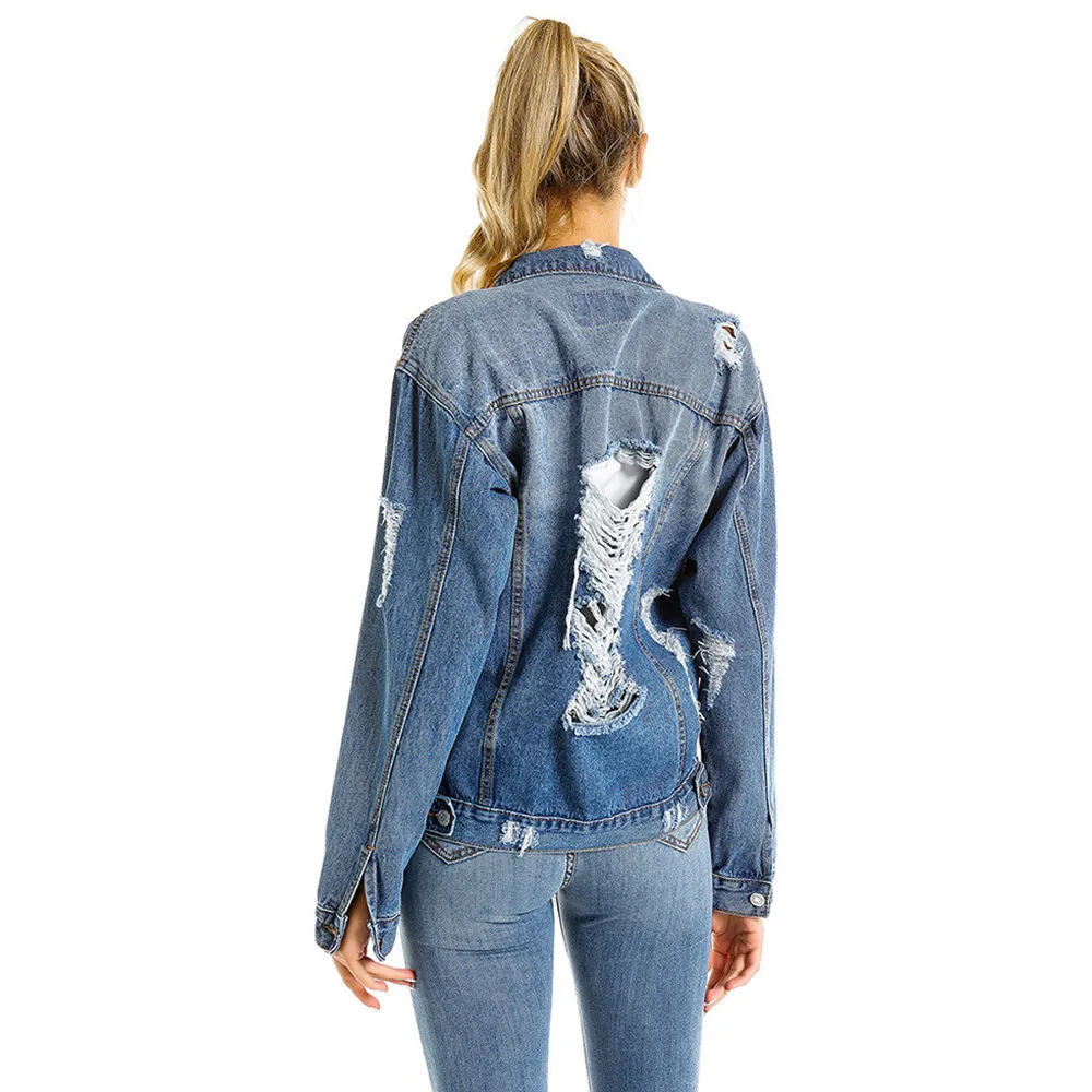 Женская рваная Повседневная стрейчевая куртка на пуговицах джинсовая с длинным