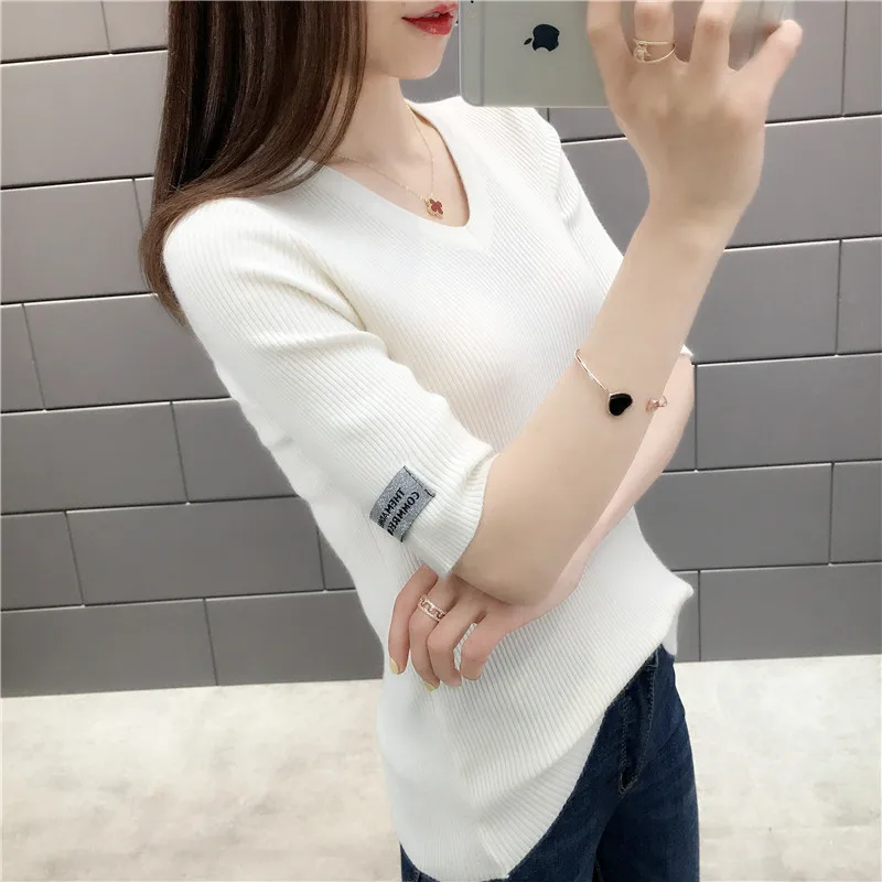 Summer 2019 Women New V-neck Sweaters Half Sleeve Slim Thin Pullovers Top Female Knitted Sweater 8 Colors | Женская одежда