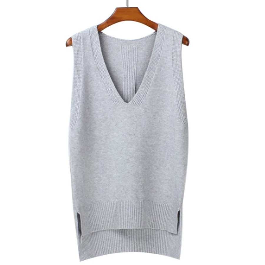 Nice Spring Loose Vest V Neck Knitted Sleeveless Sweater For Women Side Split Grey Sweaters Vests Pullover Female Waistcoat | Женская