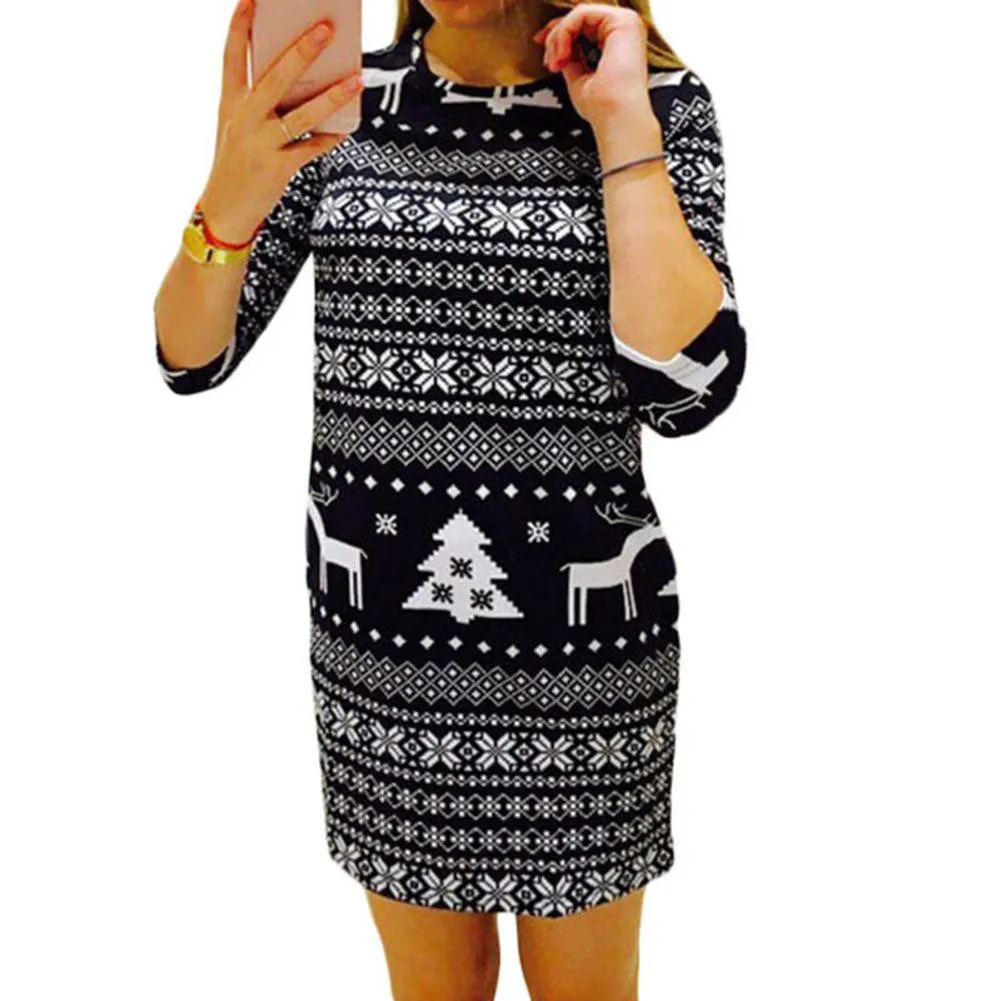

autumn and winter basic slim o-neck cartoon Christmas knit woman dresses long sleeve casual comfortable mini knit dresses
