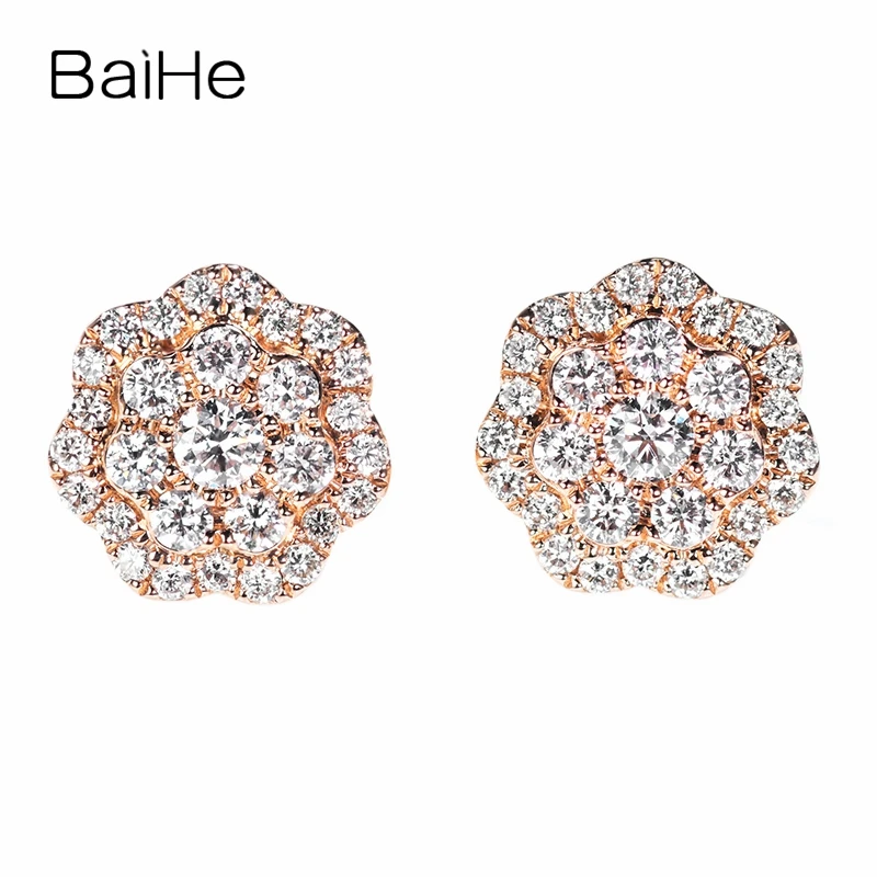 

BAIHE Solid 14K Rose Gold 0.78ct H/SI Natural Diamond Flower Stud Earrings Women Trendy Fine Jewelry Aretes de flores kolczyki