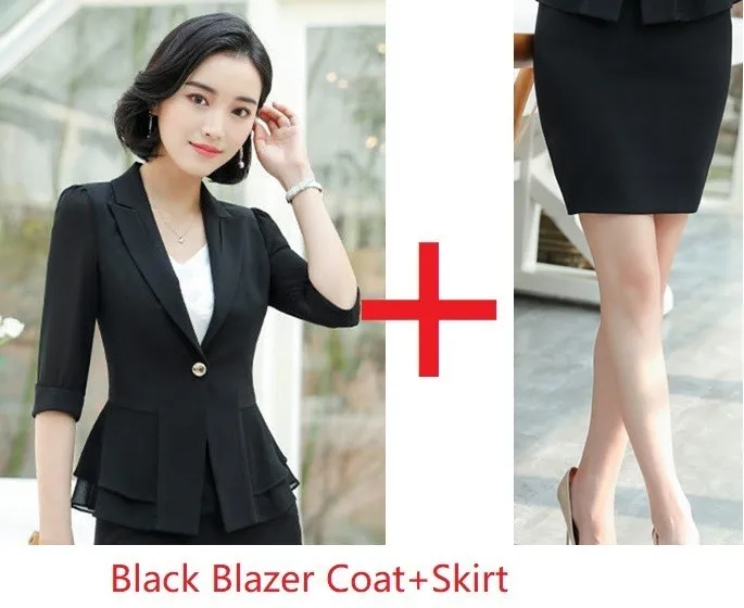 Black Skirt Suits Весна Лето Половина рукава Формальные женские деловые костюмы OL стили профессиональные дамы офисная Рабочая одежда женские униформы наборы - Цвет: Black Skirt Suits