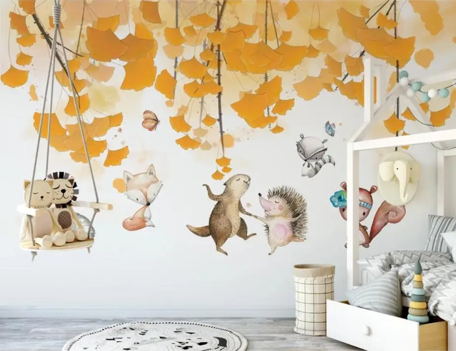 3D Ginkgo Leaves Carton Animal Kids Bedroom Wallpaper Mural Art Wall Decal HD Photo Paper Rolls Murals Contact | Обустройство дома