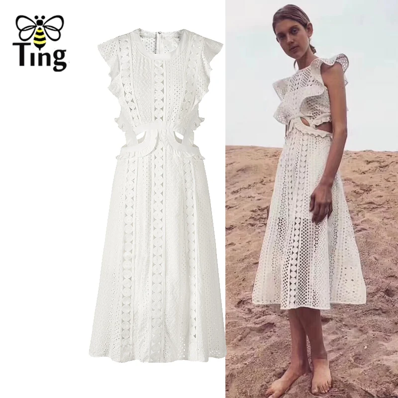 Tingfly сексуальное летнее платье SP белого цвета с длинным кружевным узором с вырезом, оборками, приталенного кроя, чайной длины.
