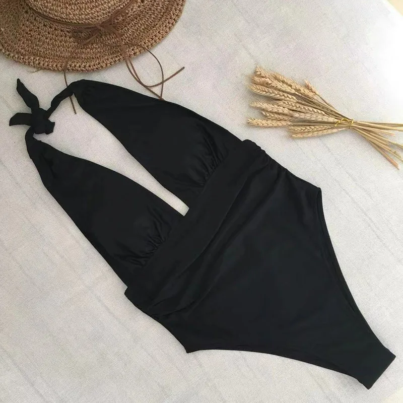 Холтер Цельный купальник с v образным вырезом женский высокой талией черный