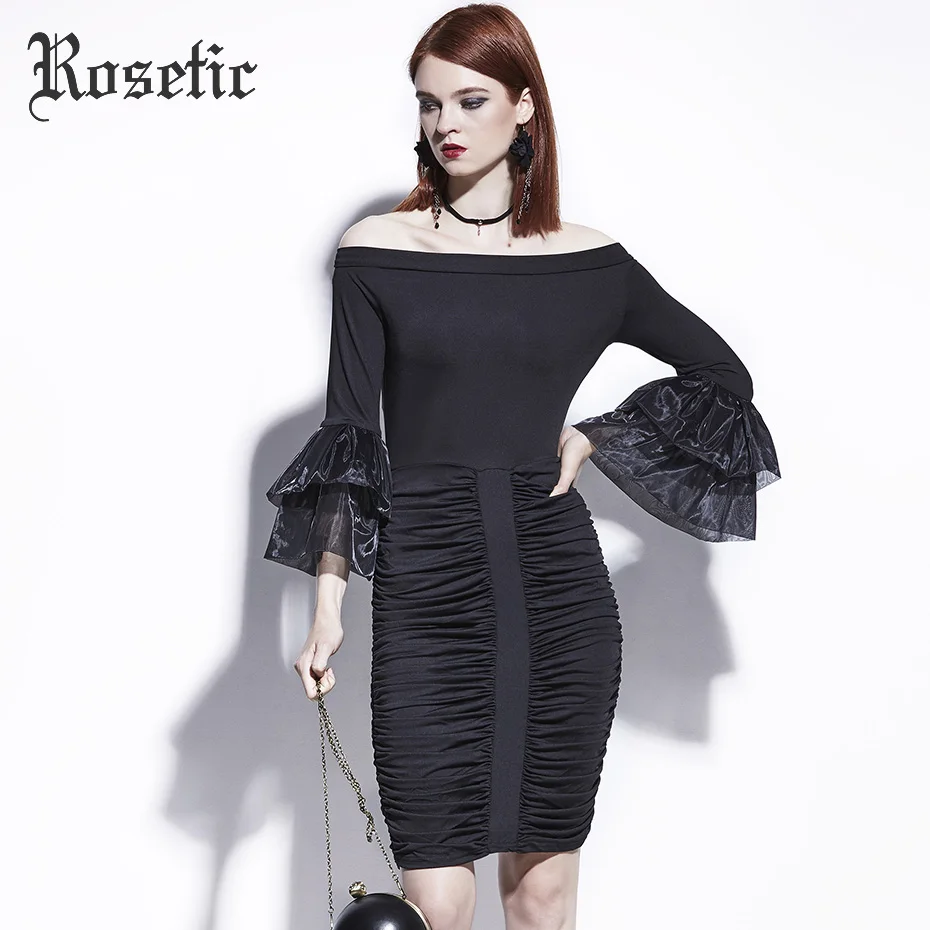 Rosetic, облегающее платье, черная сетка, пэчворк, с рукавом-бабочкой, летнее, женское, тонкое, с вырезом лодочкой, плиссированное, с открытыми плечами, готическое платье