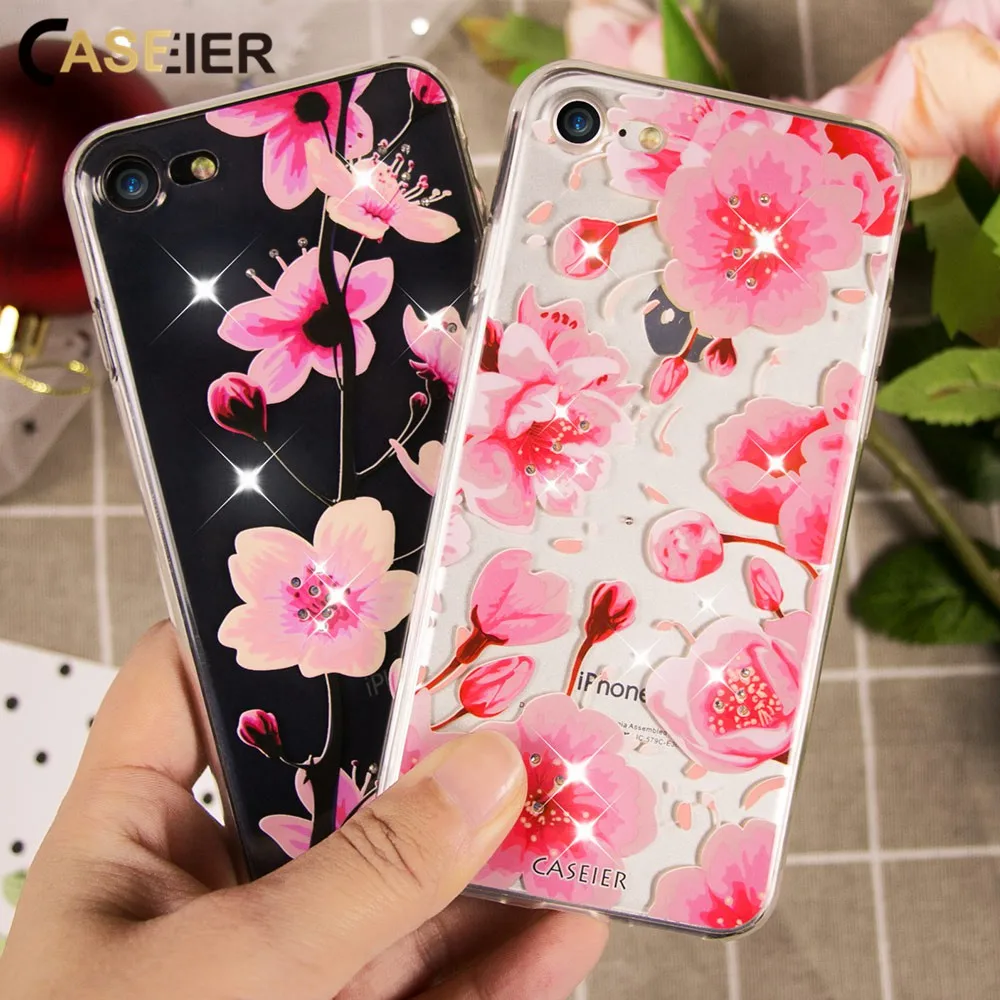 Caseier цветок горный хрусталь телефон чехол для iPhone 6 6S Plus блеск мягкий силиконовый