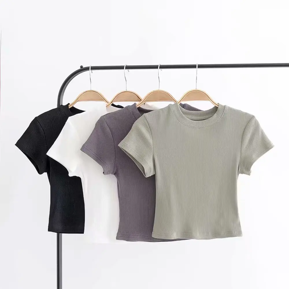 Летняя рубашка винтажный Топ футболка Женская Базовая кроп-футболка в рубчик
