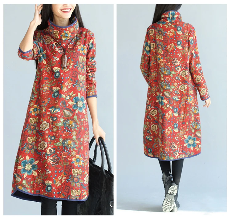 Модель 2016 года новый стиль осень-зима Для женщин Платья для Винтаж принт