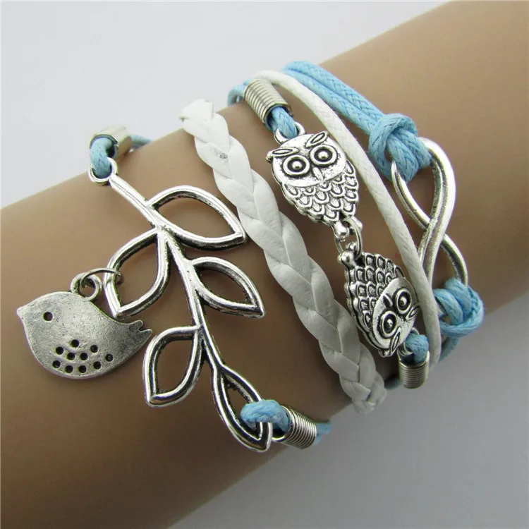 Gnova Модный женский белый браслет из кожаного шнура Сова голубь лист Шарм Паракорд