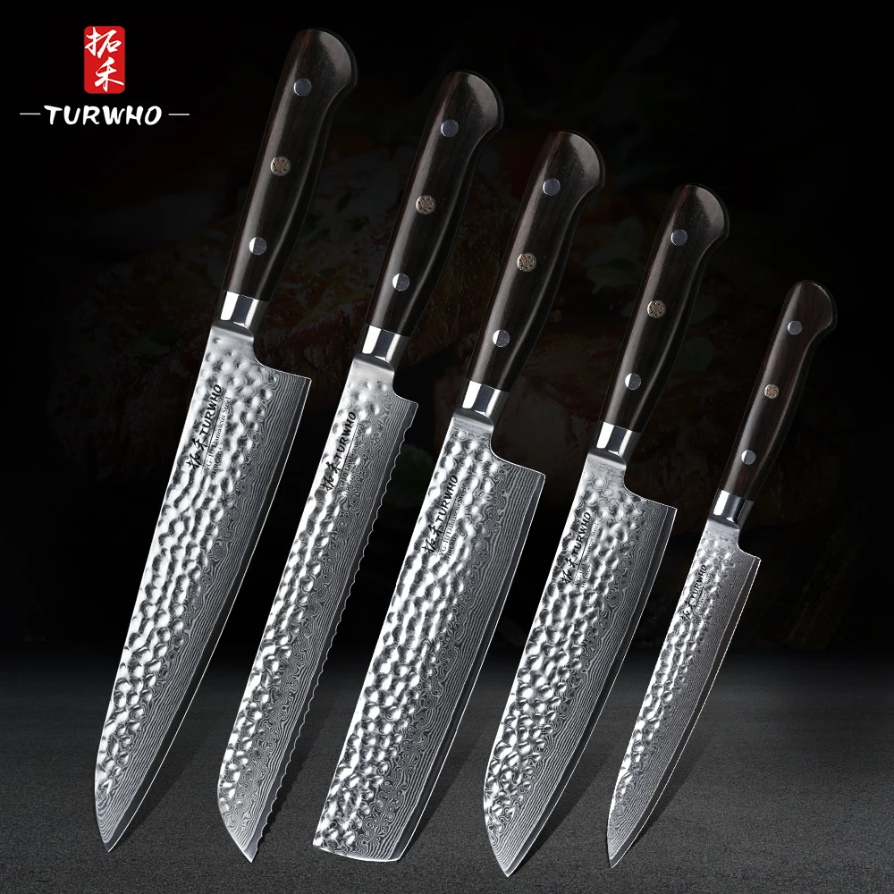 

TURWHO 5PCS Kitchen Knife Sets Pro Japanese Damascus Steel Kitchen Knife Chef Santoku Bread Utility Knife with Ebony Handle