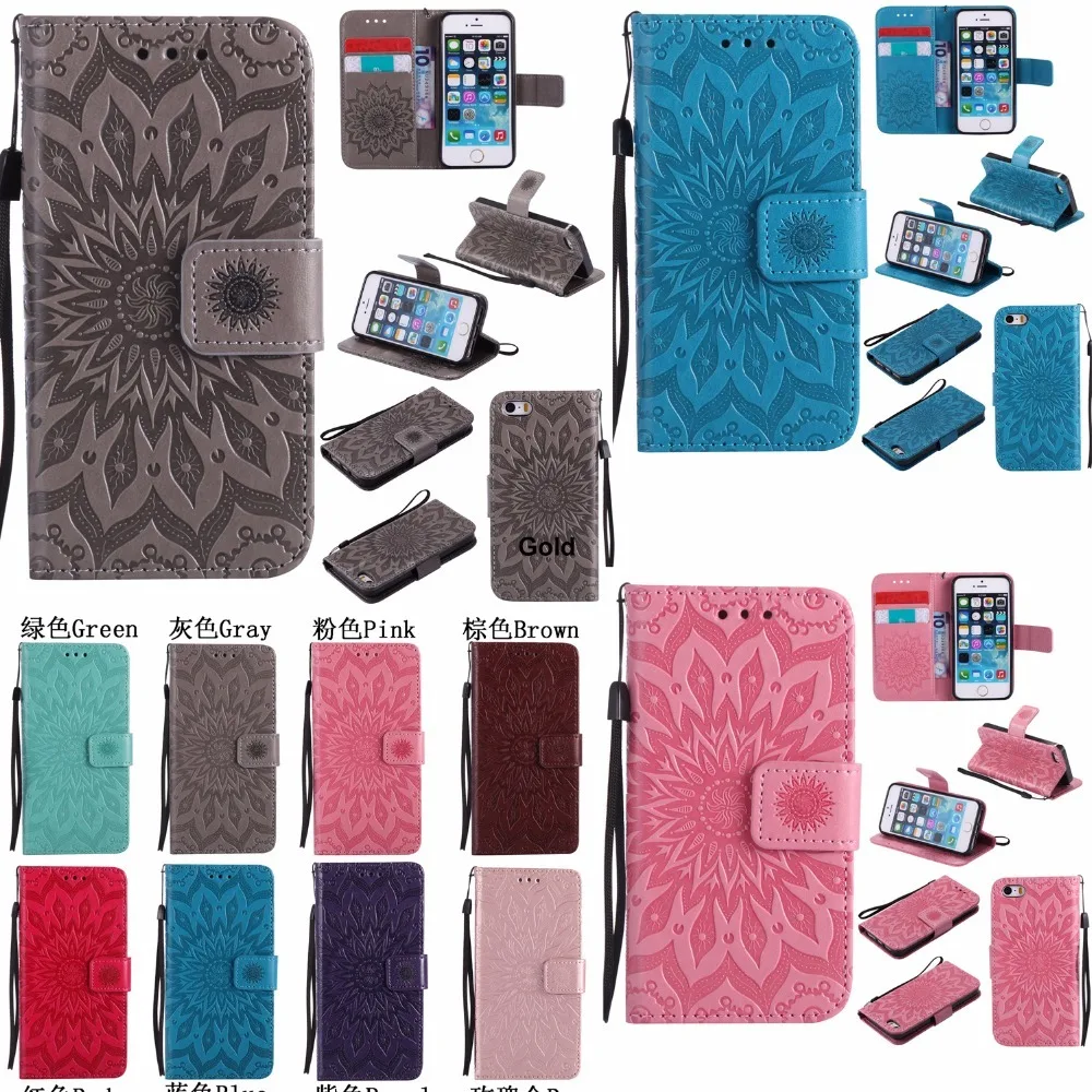 

3D Embossing Sun Flower Flip Case For iPhone 5 5s 6 6s 7 8 Plus X 11 12 13 Wallet PU Leather Stand Cover Shockproof Phones Coque