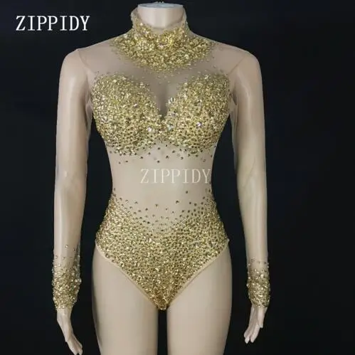 Fashion Design 4 Colors Stones Mesh  Bodysuit long Sleeves High Neck Crystals Stage Performance  luxurious Perspective  Leotard