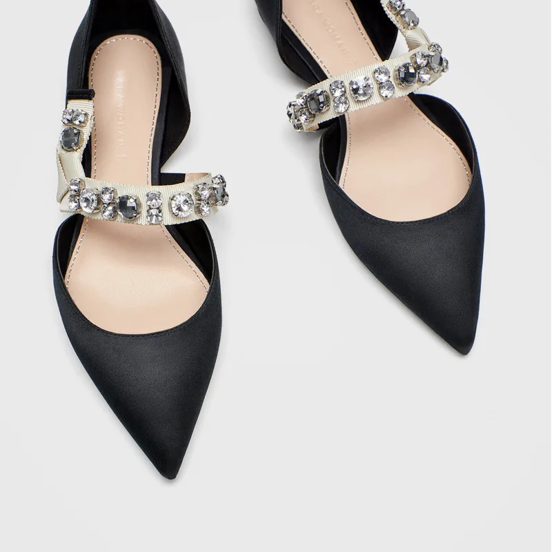 Тонкие Туфли женские весенние черные офисные туфли расшитые бусинами шелковые