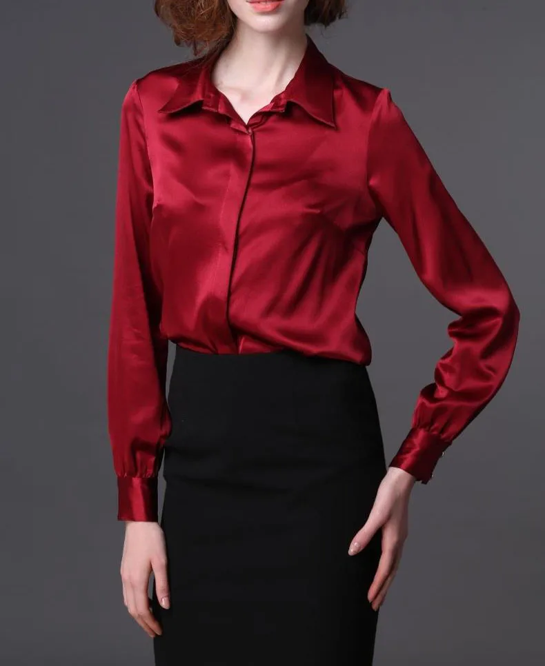 S-XXXL, женский модный, Шелковый, сатиновый, блуза на пуговицах, женские шелковые блузки, рубашки повседневные, офисные, белые, черные, синие, зеленые, с длинным рукавом 8041