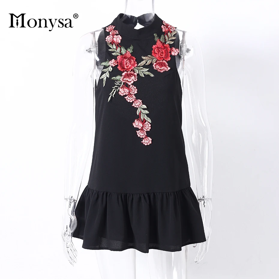 Chiffon dress 2017 летний новый цветок вышивка платья женщин вскользь рукавов оборками
