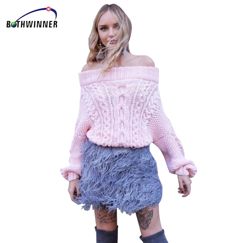 Bothwinner Women Casual Pullover Sweaters Ladies Autumn Blue Cable Knit Long Sleeve Off The Shoulder Oversized Sweater | Женская одежда