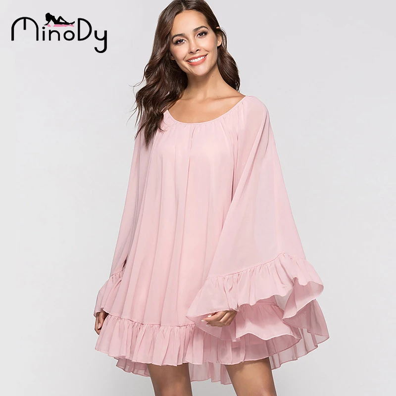 Minody 2018 Лето Женщины платье розовый желтый линия с длинным рукавом партия Ретро