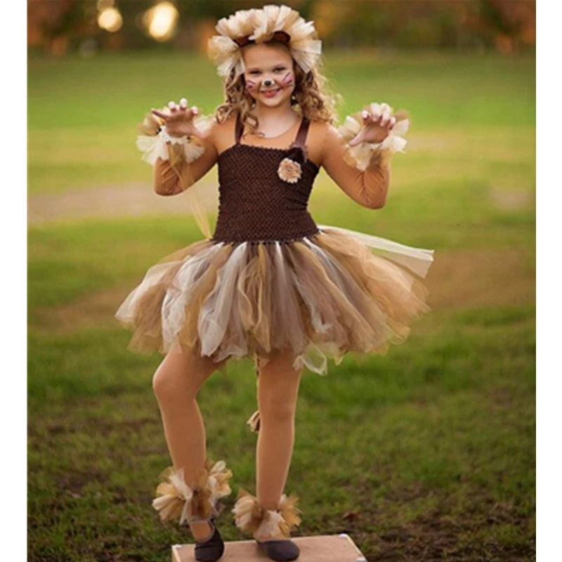 2019 Girls Lion Costume tutu Dresses with head band Summer Dress Child for Kids 2-11Y Birthday Party Children's Clothes | Детская
