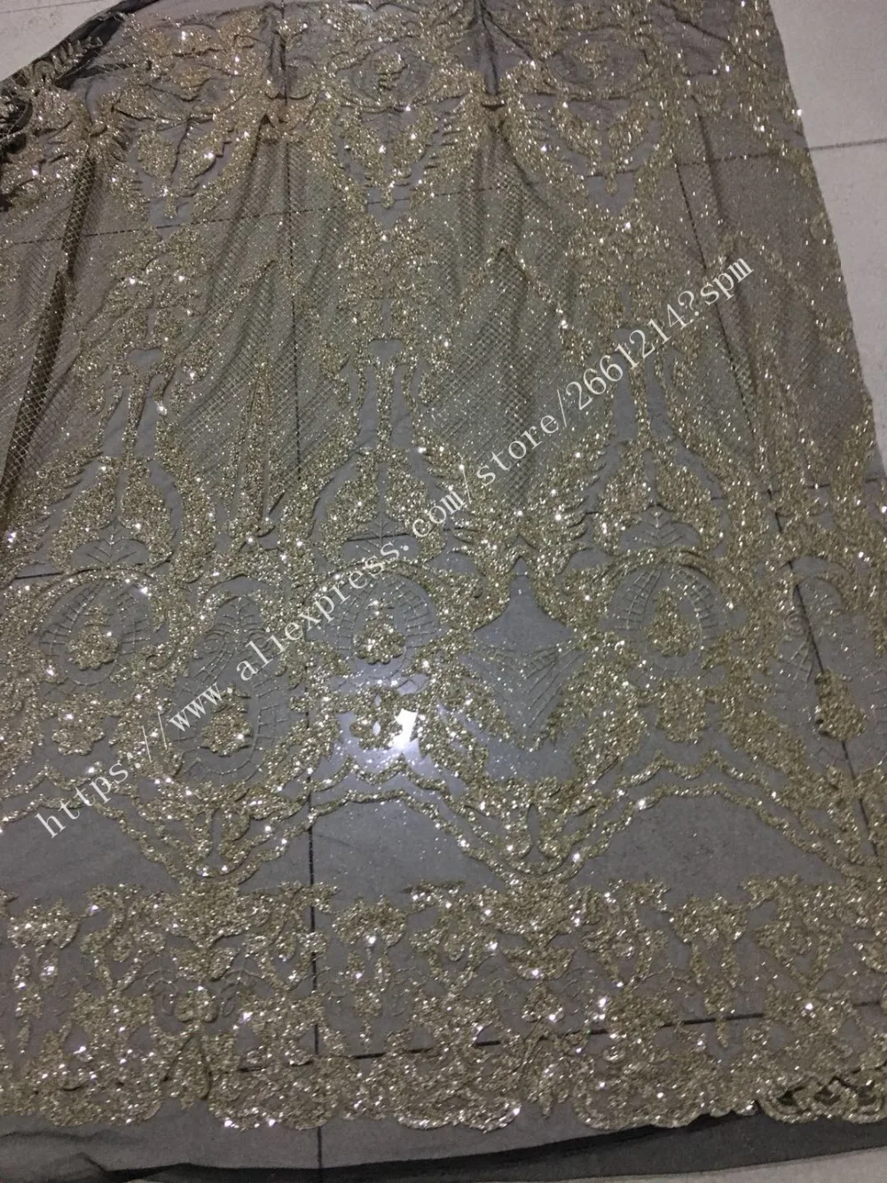 New design glued glitter lace fabric in gold black mesh high quality African net tulle Lace Fabric for party dress | Дом и сад