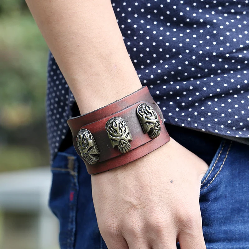 Браслет-манжета мужской из натуральной кожи в стиле панк