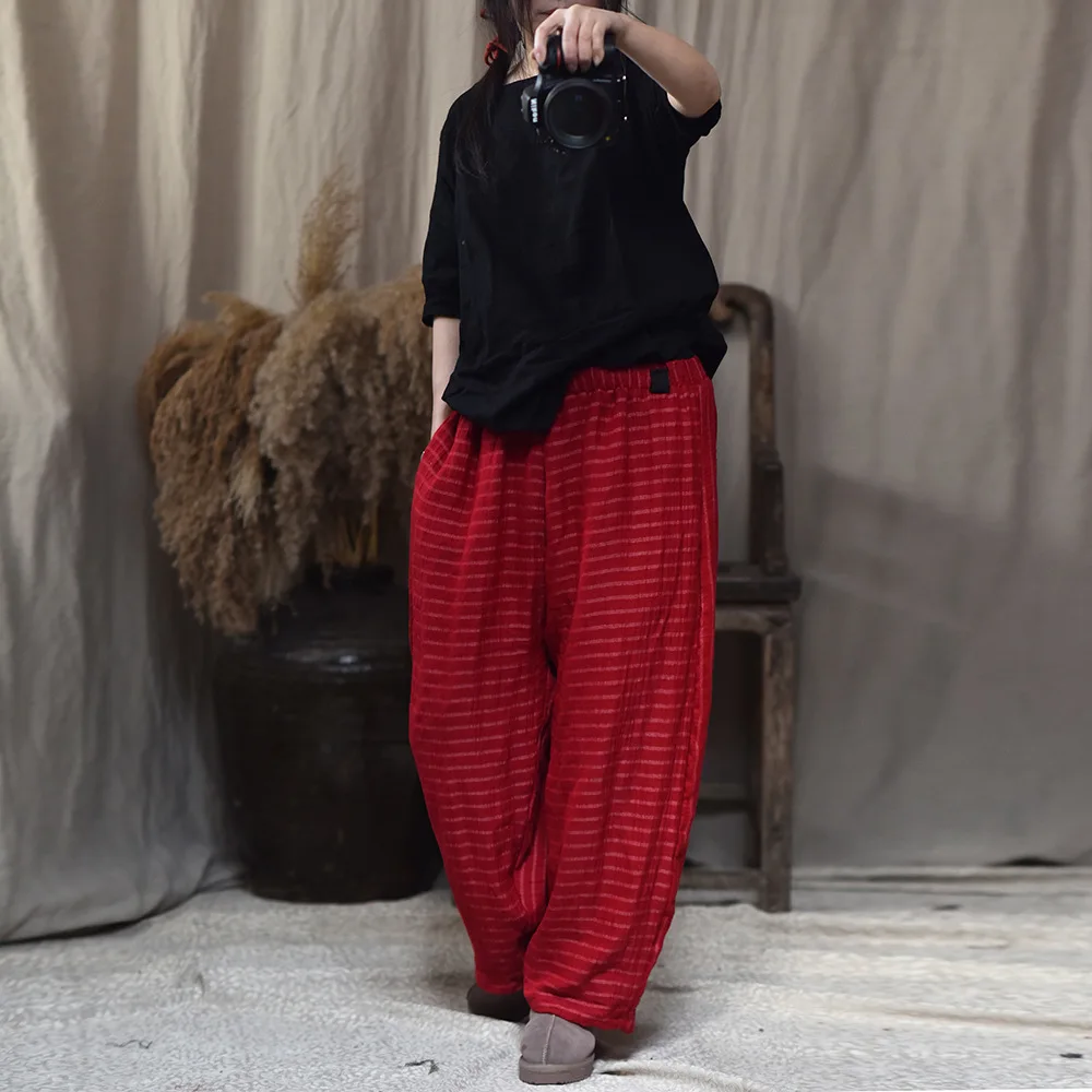 Женские брюки в полоску из хлопка и льна винтажные прямые с широкими штанинами