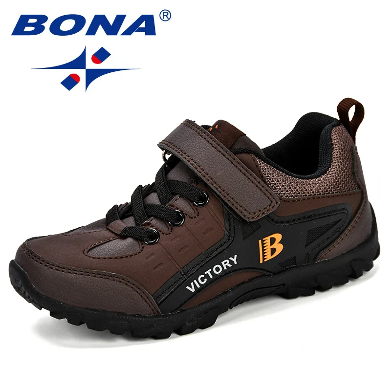 Dark brown orange BONA/ дизайн; стильная детская спортивная обувь для мальчиков; сезон весна; амортизирующая подошва; нескользящая Лоскутная дышащая детская обувь; кроссовки для бега - Цвет: Dark brown orange