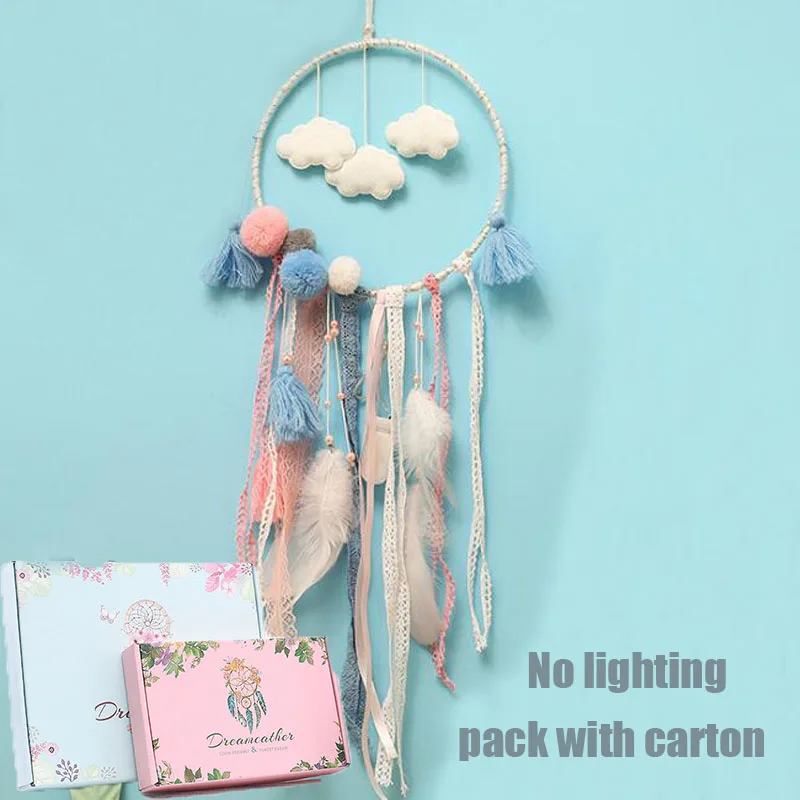 no light carton pack Ловец снов с облаком и помпоном и строку света Home Decor большой кружева Dream Catcher Kinderkamer Decoratie Детская комната украшения - Цвет: no light carton pack