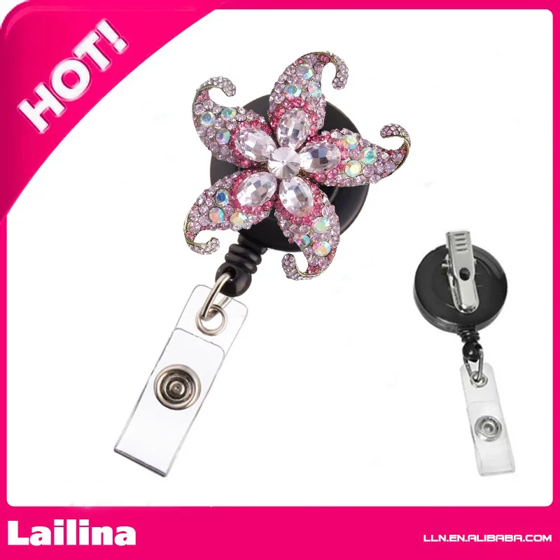 

Gold-tone Pink Rhinestone Crystal Starfish Rhinestone Retractable Badge Reel/ ID Badge Holder