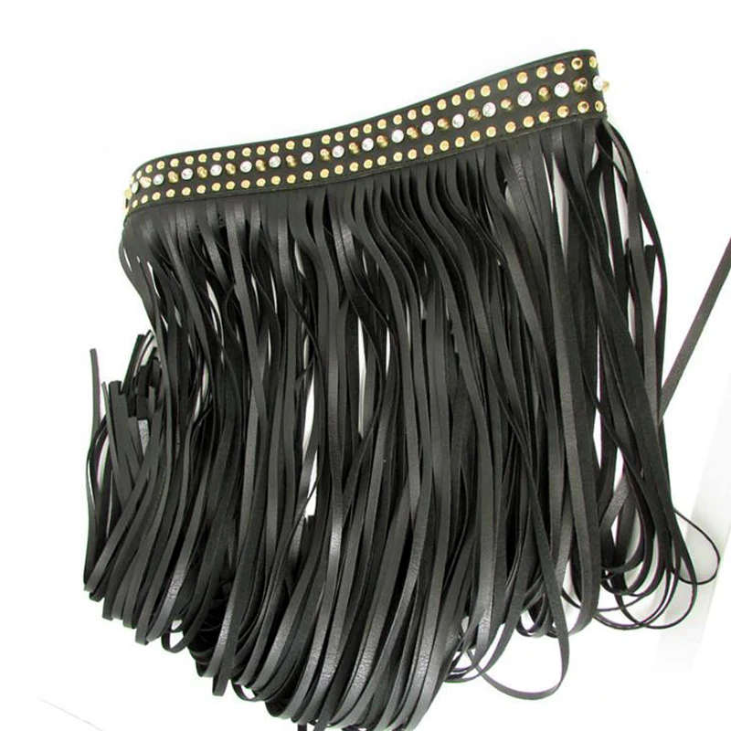 Женский длинный ремень с кисточками и бахромой черный кожаный широкими