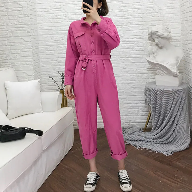long sleeve Возможно U розовые джинсовые джинсы с отложным воротником с длинным рукавом фуксия комбинезон sash для женщин J0098 - Цвет: long sleeve