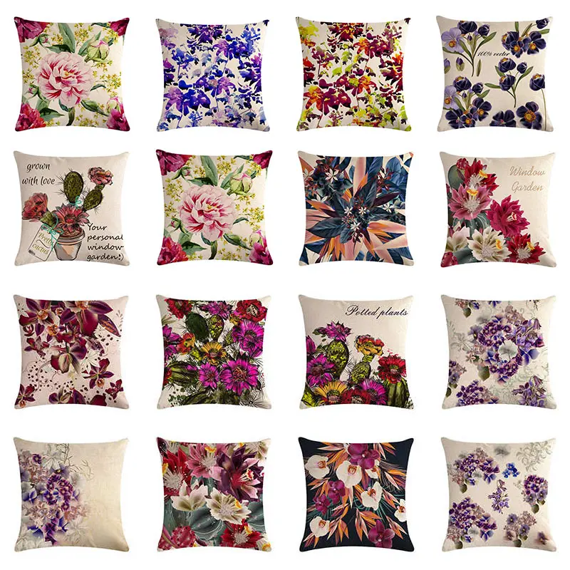 

Watercolor Flower Cushion Cover Home Decor Cotton Linen colorful Flower Cactus Printed Home Decorative 45x45cm Pillows Cover