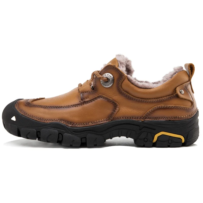 Brown With Fur Shoes VESONAL/качественная зимняя Уличная обувь из натуральной кожи для пеших прогулок; повседневная мужская обувь для взрослых; теплые короткие плюшевые кроссовки; мужская обувь - Color: Brown With Fur Shoes