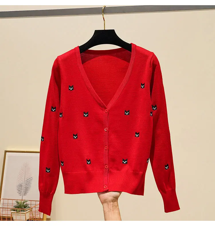 Baharcelin Embroidery cat Sweater jacket Women Cardigan Knitted Coat Jumper Crochet Casual V-Neck Woman Cardigans Tops |