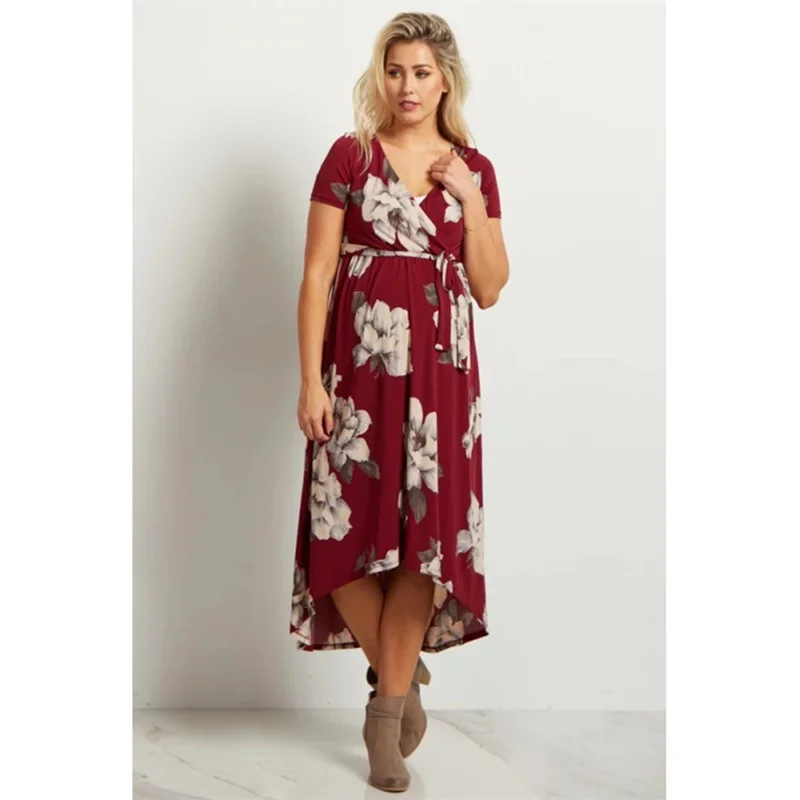 Длинная юбка для беременных женщин с принтом коротким рукавом и V-образным