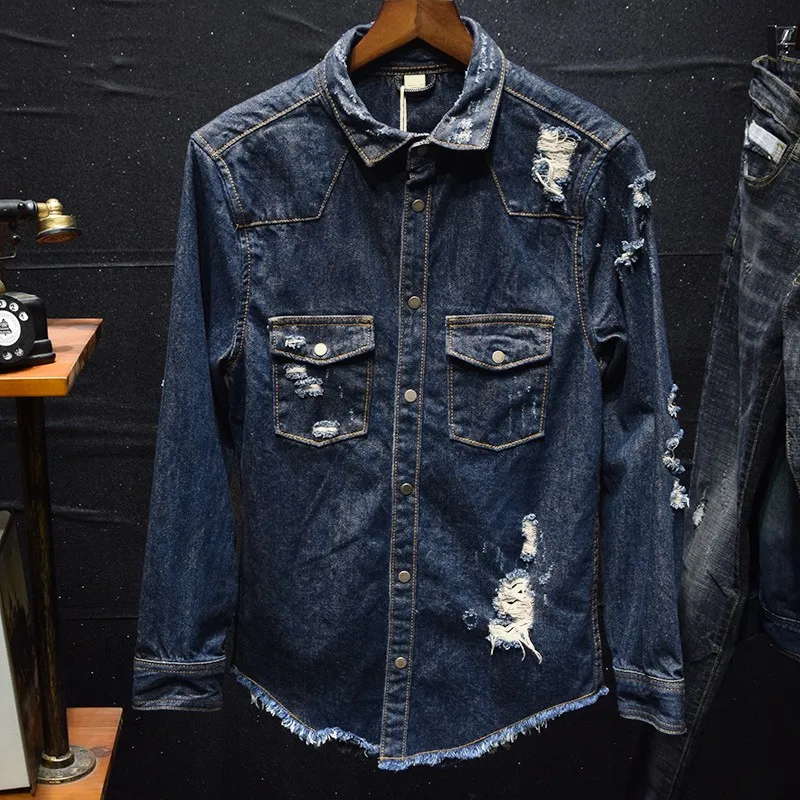 Camisa Masculina, весна, модная мужская рубашка, Повседневная, приталенная, в стиле хип-хоп, рваные, джинсовые рубашки, мужские Блузы с длинным рукавом