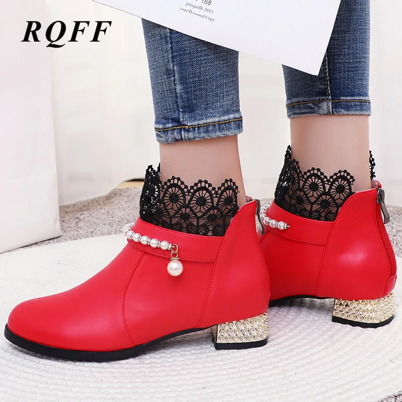 Женская обувь на квадратном каблуке цвет розовый красный черный ботильоны Челси