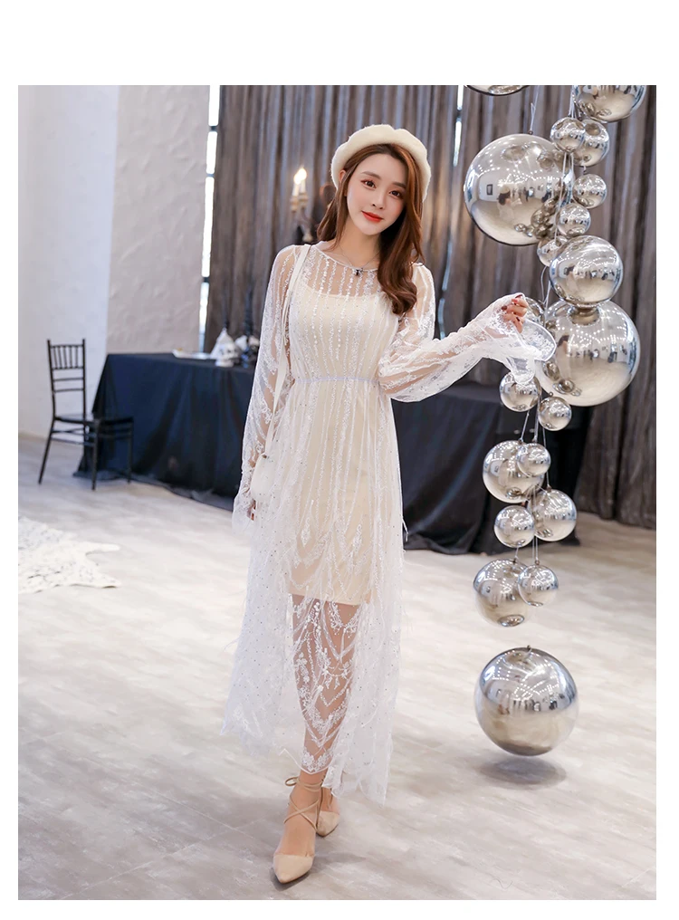 Роскошное Сексуальное Женское Платье vestido, белое, кружевное, с вырезом, с блестками, длиной до лодыжки, длинное платье, женское платье для вечеринки