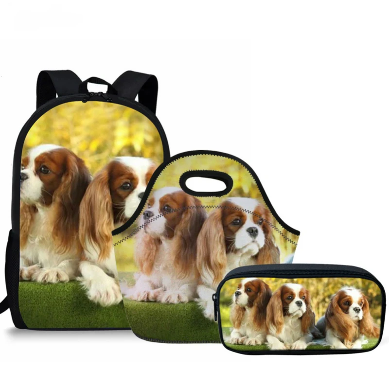 ELVISWORDS Spaniel Dog Print School Bags For Girls Boy 3Pcs/Set School Backpack Kids Bag Travel Satchels Bookbag Mochila Escolar