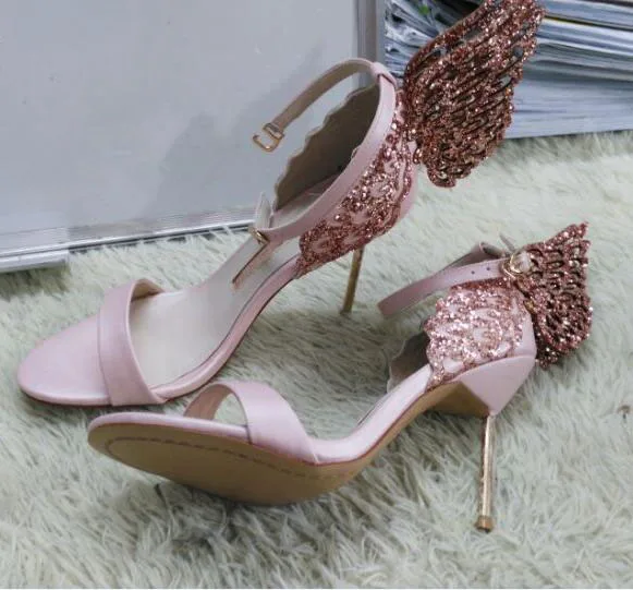 High-end Women Pinnk Butterfly Sandals Metal Stiletto Heel Metallic Cut-outs Pumps Bling Crystal Celebrity Wedding Shoes | Обувь