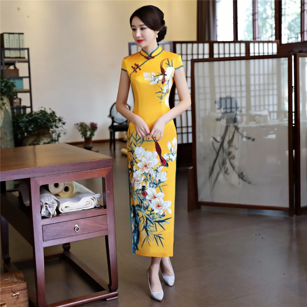 Шанхай история искусственного шелка Qipao Платье длинное Cheongsam национальный тренд платья короткий рукав тонкий Традиционный китайский платье для женщин