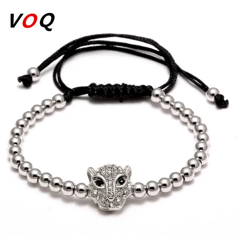 Модные мужские браслеты и микро паве CZ голова леопарда Плетеный макраме Шарм