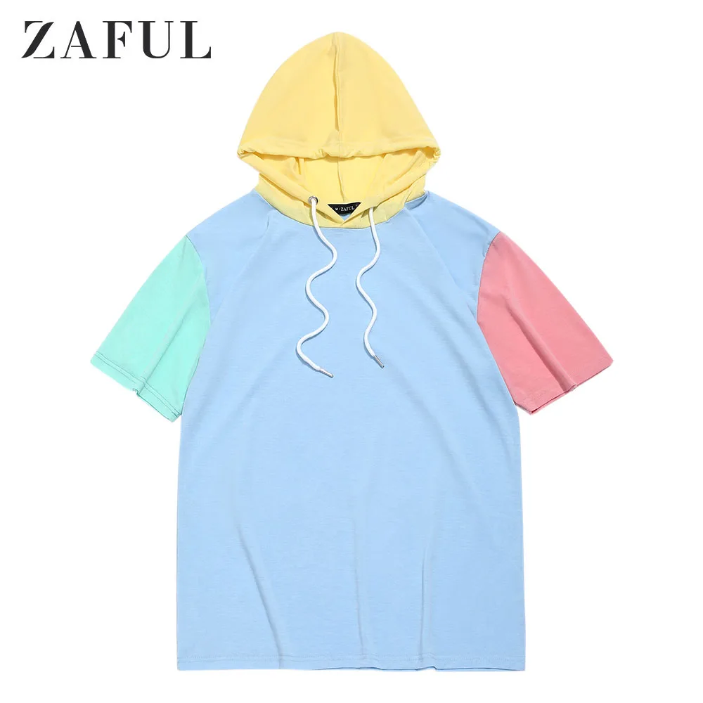 ZAFUL New Summer Color Block Splicing Hooded Men'S T-Shirt Fashion T Shirt Men Top Male Summer Short Sleeve Own Sex Kpop Hoodies