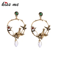 kissme vintage gold color birds flowers acrylic pearl drop earrings for women big design hyperbole fashion jewelry accessories