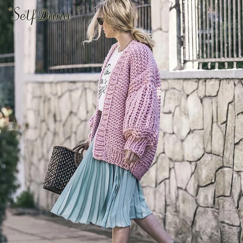 Self Duna 2019 Autumn Winter Hand Knitted Cardigan Warm Thick Sweater Coat Pull Femme Cute Tricot Pink Women Jumper |