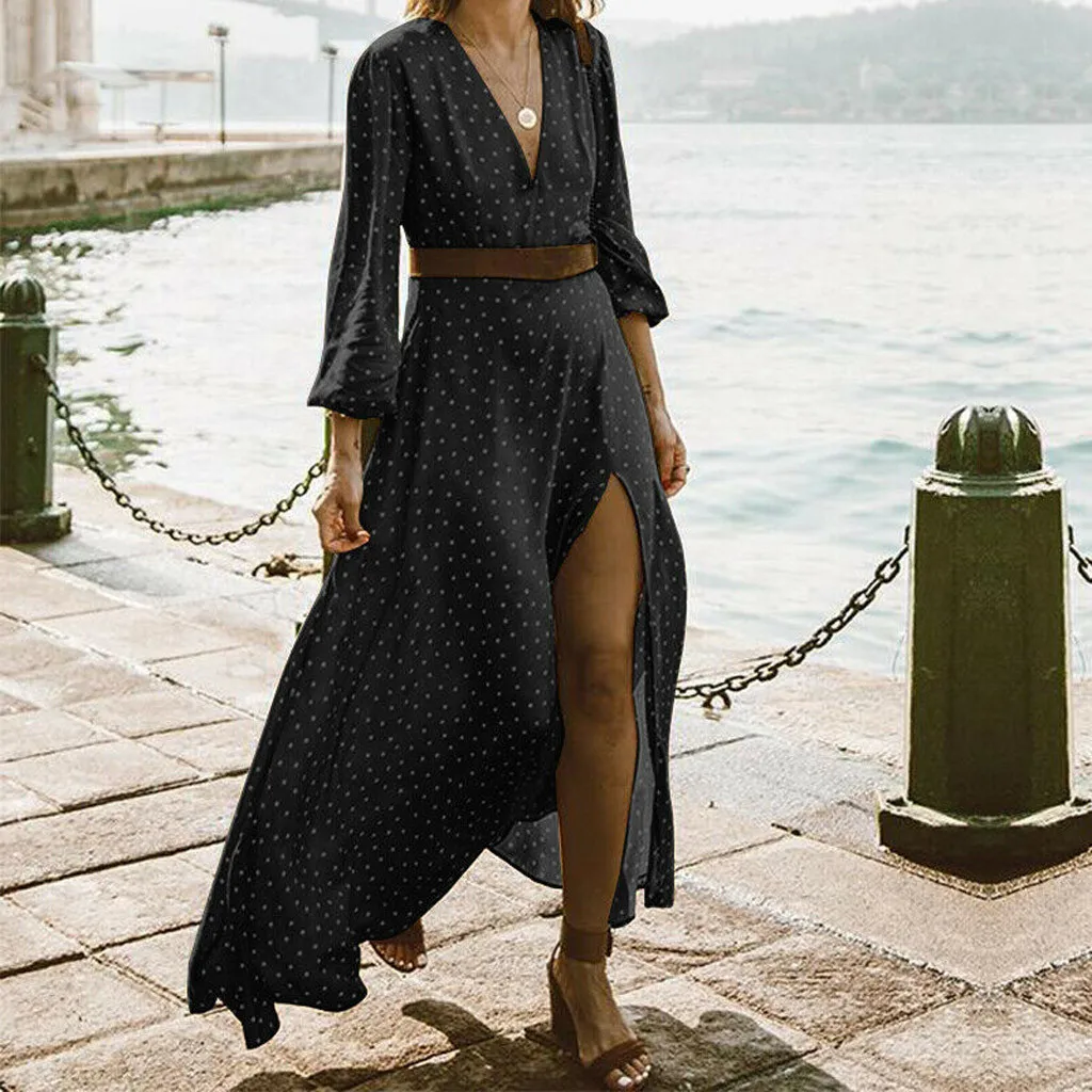 Женское длинное винтажное платье в горошек повседневное Элегантное Вечернее