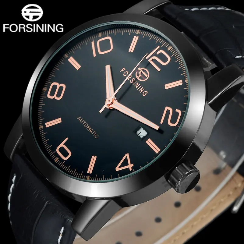 Часы FORSINING мужские механические с кожаным ремешком автоматические черные|wristwatch