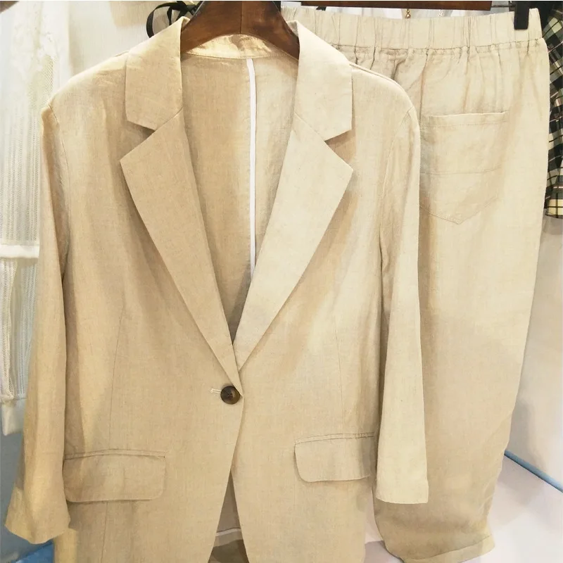 plus size Women Casual Linen suit Women Formal Suits Sets Loose Suits blazers and pants 2 Pieces OL Office lady Work pants Suits